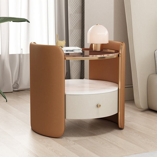 Modern Minimalist Glass, Rock Slab & Wood Round Cylinder Nightstand With 1-Drawer For Bedroom & Living Room