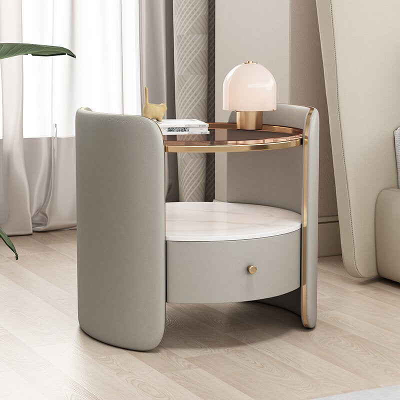 Modern Minimalist Glass, Rock Slab & Wood Round Cylinder Nightstand With 1-Drawer For Bedroom & Living Room