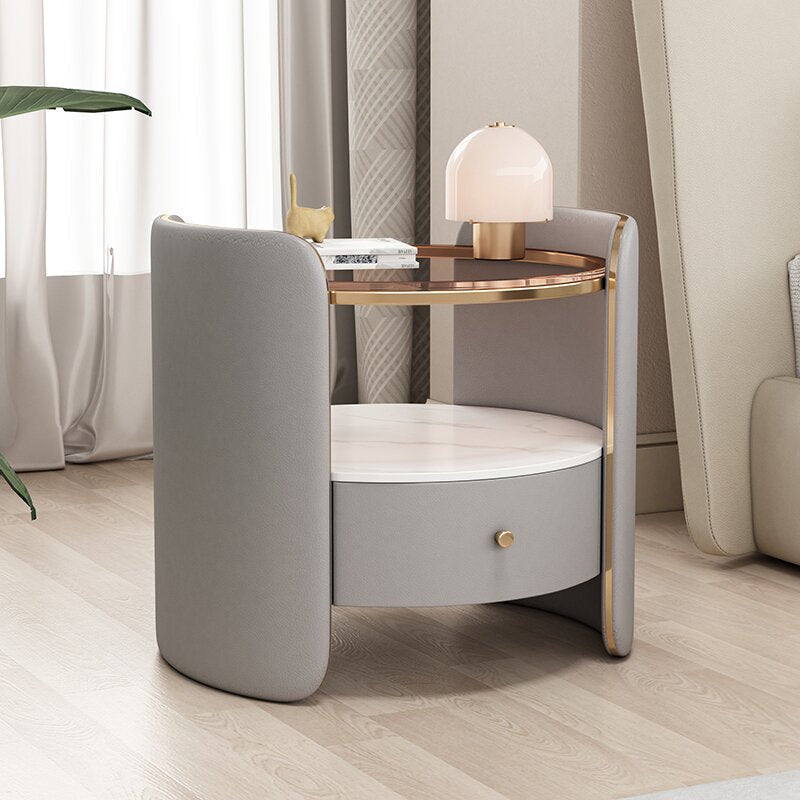 Modern Minimalist Glass, Rock Slab & Wood Round Cylinder Nightstand With 1-Drawer For Bedroom & Living Room