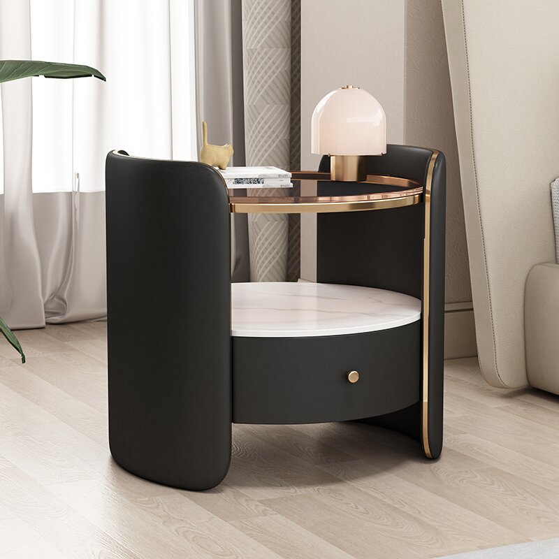 Modern Minimalist Glass, Rock Slab & Wood Round Cylinder Nightstand With 1-Drawer For Bedroom & Living Room