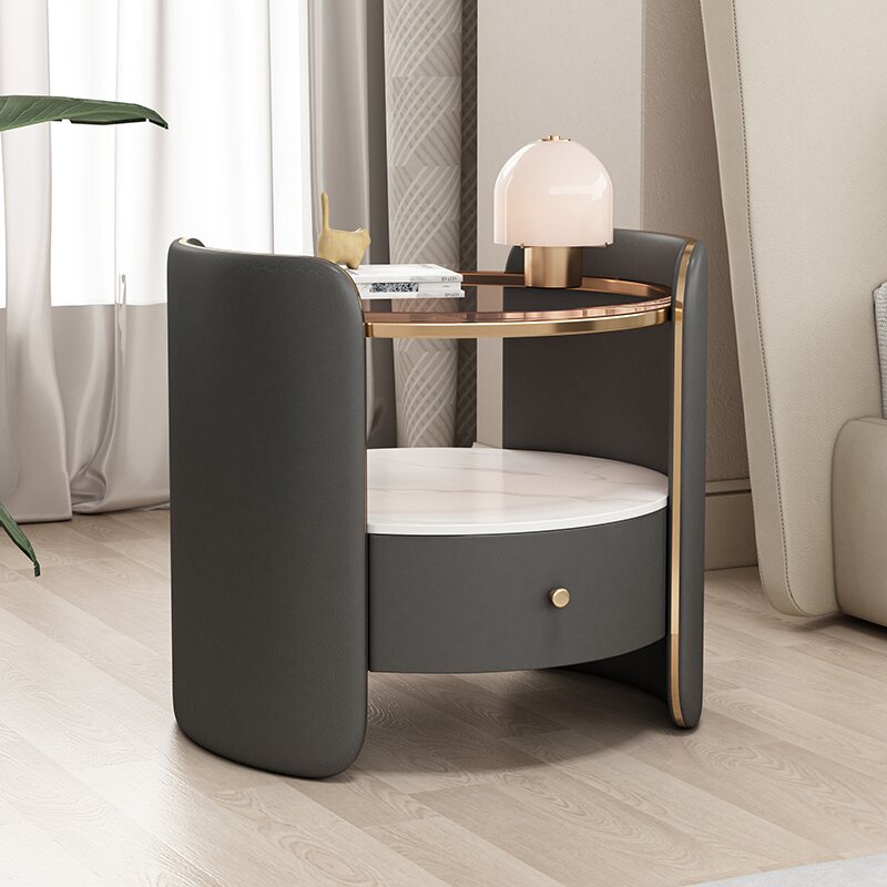 Modern Minimalist Glass, Rock Slab & Wood Round Cylinder Nightstand With 1-Drawer For Bedroom & Living Room
