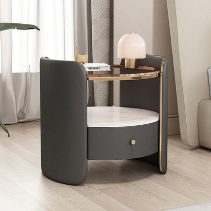 Modern Minimalist Glass, Rock Slab & Wood Round Cylinder Nightstand With 1-Drawer For Bedroom & Living Room
