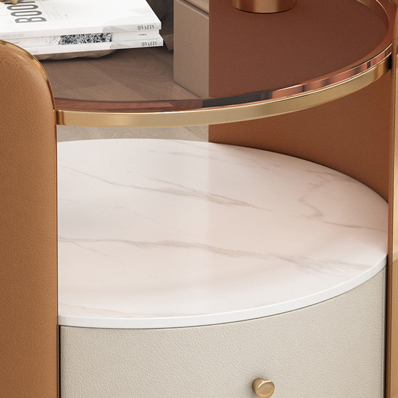 Modern Minimalist Glass, Rock Slab & Wood Round Cylinder Nightstand With 1-Drawer For Bedroom & Living Room
