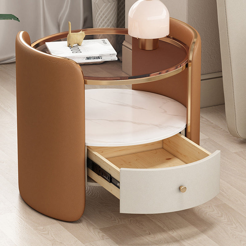 Modern Minimalist Glass, Rock Slab & Wood Round Cylinder Nightstand With 1-Drawer For Bedroom & Living Room