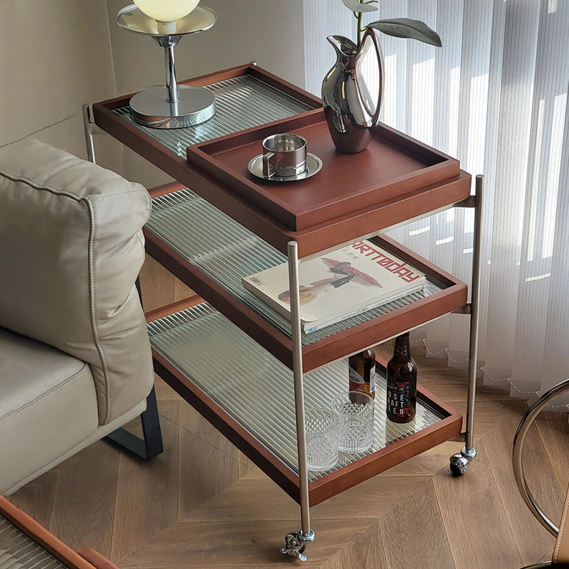 Traditional Vintage Wood, Glass & Stainless Steel Rectangular Side Table With 3-Tier Storage For Living Room & Bedroom