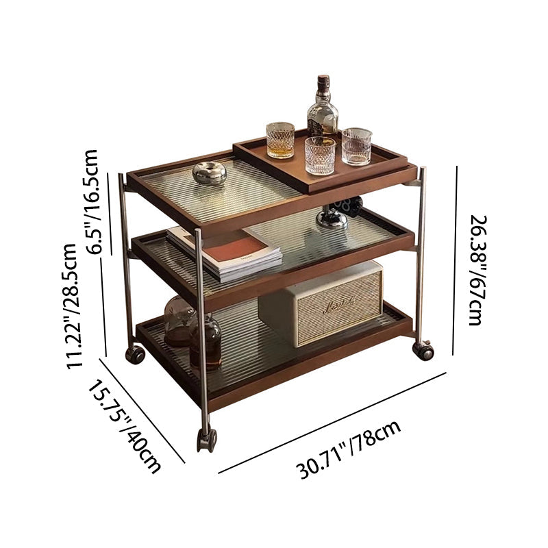 Traditional Vintage Wood, Glass & Stainless Steel Rectangular Side Table With 3-Tier Storage For Living Room & Bedroom