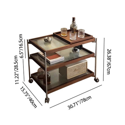 Traditional Vintage Wood, Glass & Stainless Steel Rectangular Side Table With 3-Tier Storage For Living Room & Bedroom