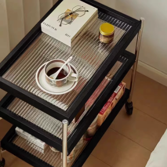 Traditional Vintage Wood, Glass & Stainless Steel Rectangular Side Table With 3-Tier Storage For Living Room & Bedroom