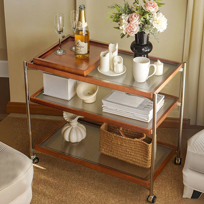 Traditional Vintage Wood, Glass & Stainless Steel Rectangular Side Table With 3-Tier Storage For Living Room & Bedroom