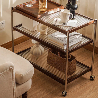 Traditional Vintage Wood, Glass & Stainless Steel Rectangular Side Table With 3-Tier Storage For Living Room & Bedroom