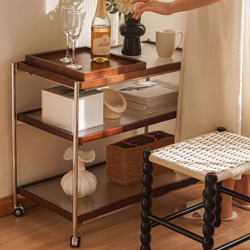 Traditional Vintage Wood, Glass & Stainless Steel Rectangular Side Table With 3-Tier Storage For Living Room & Bedroom