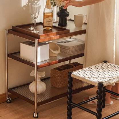 Traditional Vintage Wood, Glass & Stainless Steel Rectangular Side Table With 3-Tier Storage For Living Room & Bedroom
