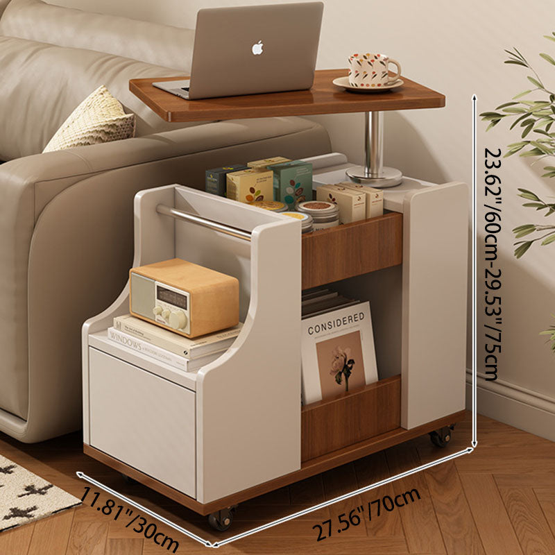 Contemporary Nordic Eco-Board & Stainless Steel Trapezoid Side Table With 1-Drawer And Rotatable Liftable Top For Bedroom & Living Room