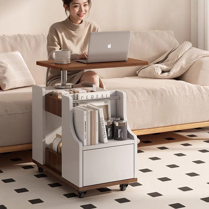 Contemporary Nordic Eco-Board & Stainless Steel Trapezoid Side Table With 1-Drawer And Rotatable Liftable Top For Bedroom & Living Room