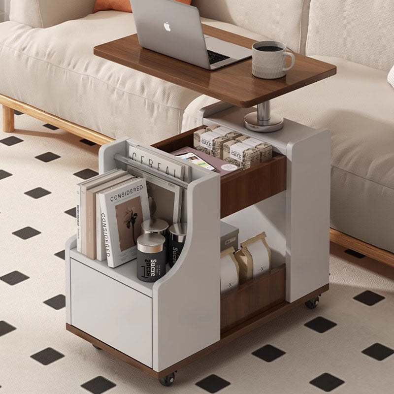 Contemporary Nordic Eco-Board & Stainless Steel Trapezoid Side Table With 1-Drawer And Rotatable Liftable Top For Bedroom & Living Room