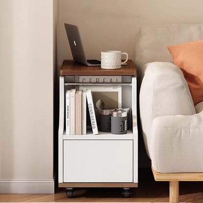 Contemporary Nordic Eco-Board & Stainless Steel Trapezoid Side Table With 1-Drawer And Rotatable Liftable Top For Bedroom & Living Room