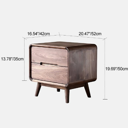 Modern Minimalist Black Walnut Rounded Square Nightstand With 2-Drawers For Bedroom