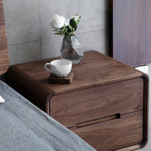Modern Minimalist Black Walnut Rounded Square Nightstand With 2-Drawers For Bedroom