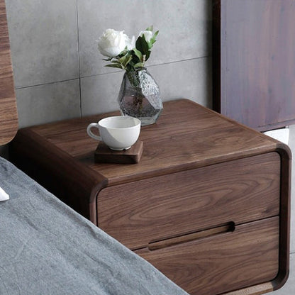 Modern Minimalist Black Walnut Rounded Square Nightstand With 2-Drawers For Bedroom