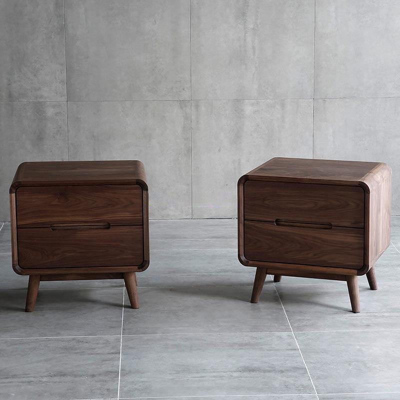 Modern Minimalist Black Walnut Rounded Square Nightstand With 2-Drawers For Bedroom