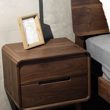 Modern Minimalist Black Walnut Rounded Square Nightstand With 2-Drawers For Bedroom