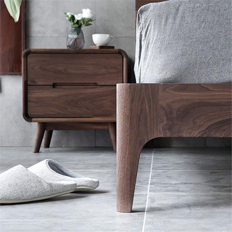 Modern Minimalist Black Walnut Rounded Square Nightstand With 2-Drawers For Bedroom