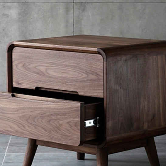 Modern Minimalist Black Walnut Rounded Square Nightstand With 2-Drawers For Bedroom