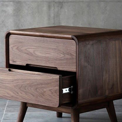 Modern Minimalist Black Walnut Rounded Square Nightstand With 2-Drawers For Bedroom