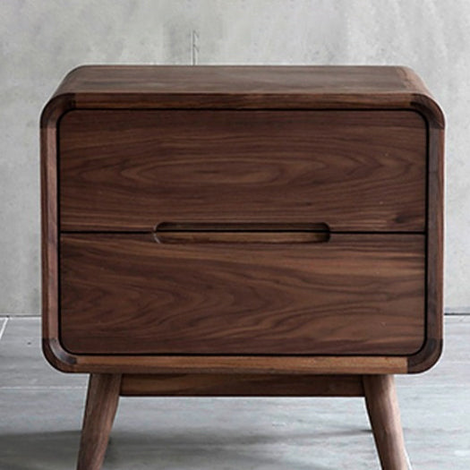 Modern Minimalist Black Walnut Rounded Square Nightstand With 2-Drawers For Bedroom