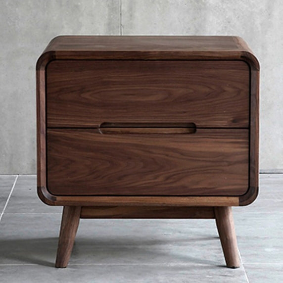 Modern Minimalist Black Walnut Rounded Square Nightstand With 2-Drawers For Bedroom
