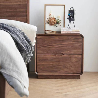 Contemporary Nordic Solid Wood Black Walnut Square Nightstand With 2 Drawers For Bedroom Storage