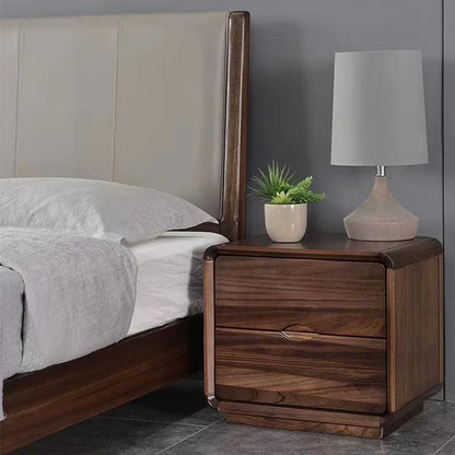 Contemporary Nordic Solid Wood Black Walnut Square Nightstand With 2 Drawers For Bedroom Storage