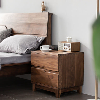 Modern Minimalist Black Walnut Rectangular Nightstand With 2 Drawers For Bedroom