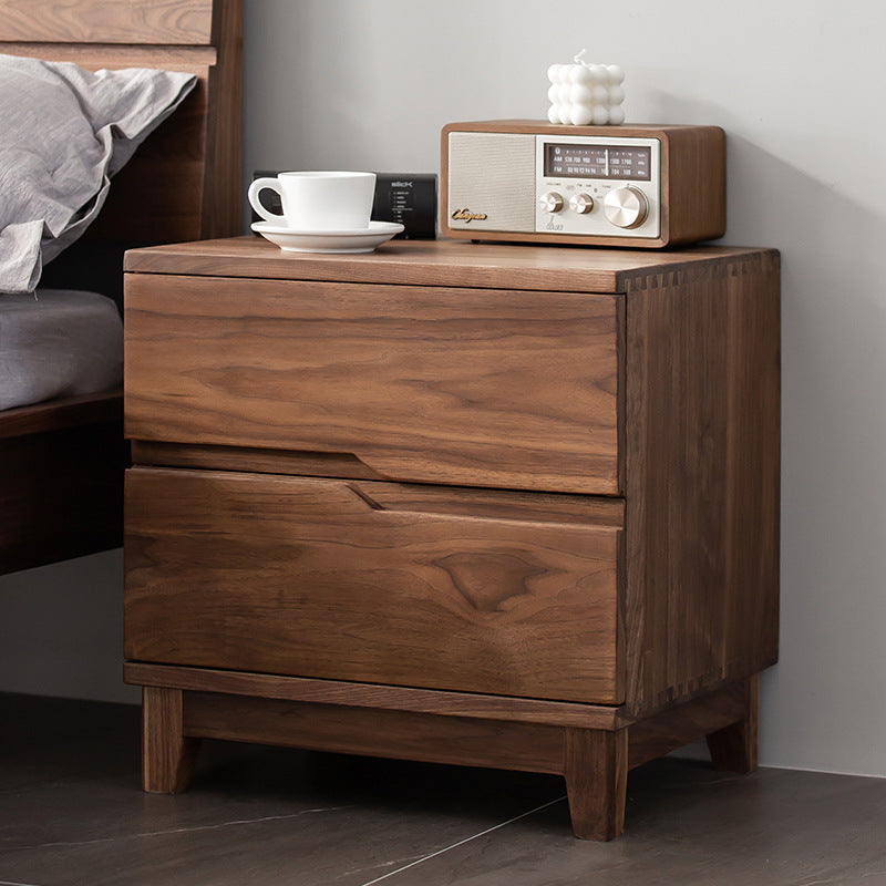 Modern Minimalist Black Walnut Rectangular Nightstand With 2 Drawers For Bedroom
