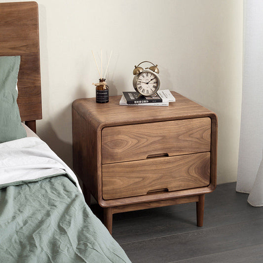 Traditional Japanese Black Walnut Square Nightstand With 2 Drawers For Bedroom