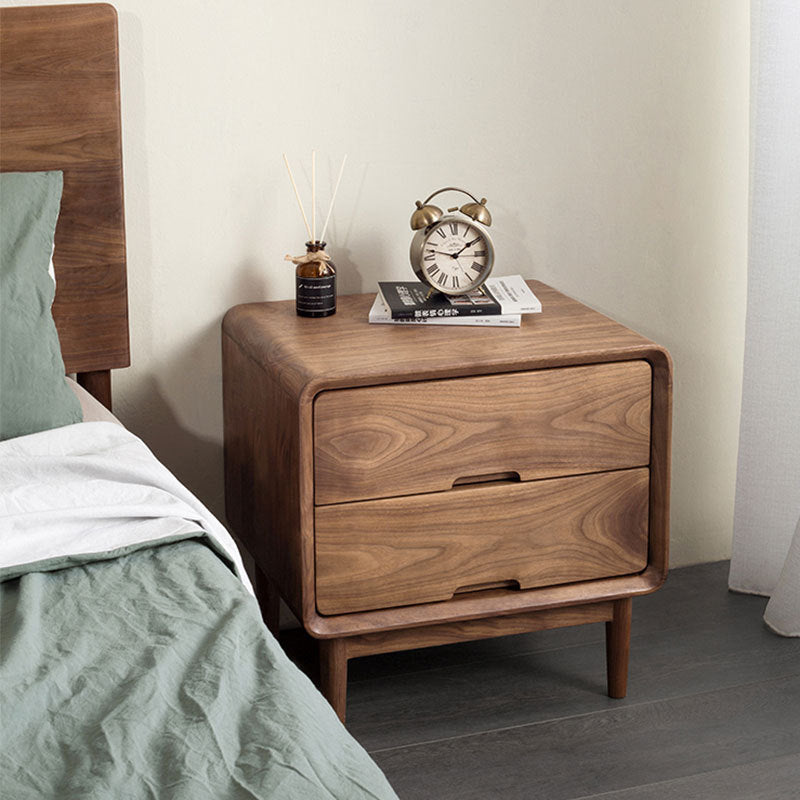 Traditional Japanese Black Walnut Square Nightstand With 2 Drawers For Bedroom