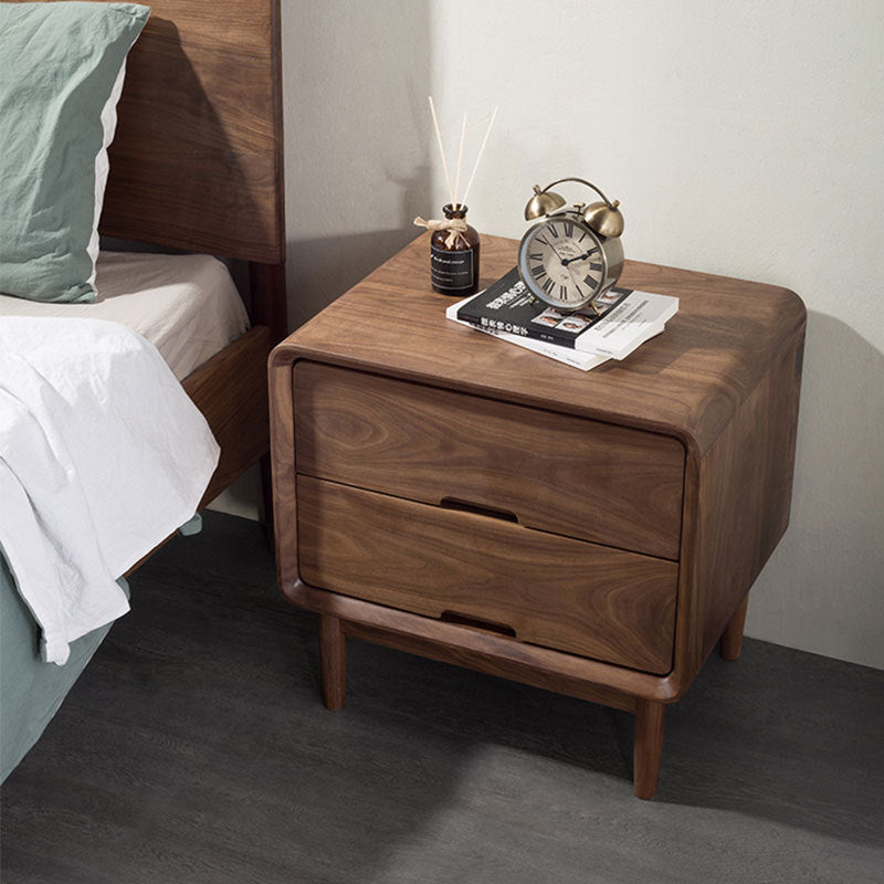 Traditional Japanese Black Walnut Square Nightstand With 2 Drawers For Bedroom