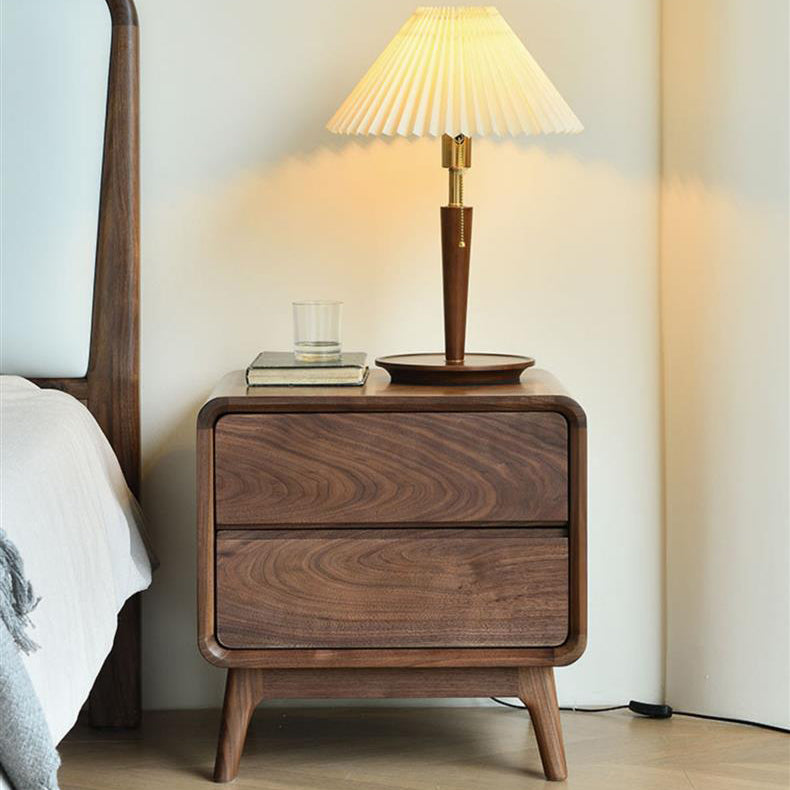 Modern Minimalist Black Walnut Rounded Square Nightstand With 2 Drawers For Bedroom