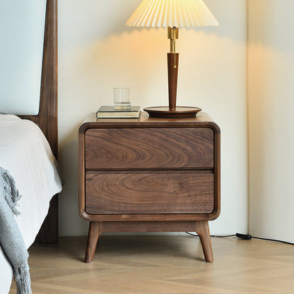 Modern Minimalist Black Walnut Rounded Square Nightstand With 2 Drawers For Bedroom