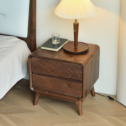 Modern Minimalist Black Walnut Rounded Square Nightstand With 2 Drawers For Bedroom