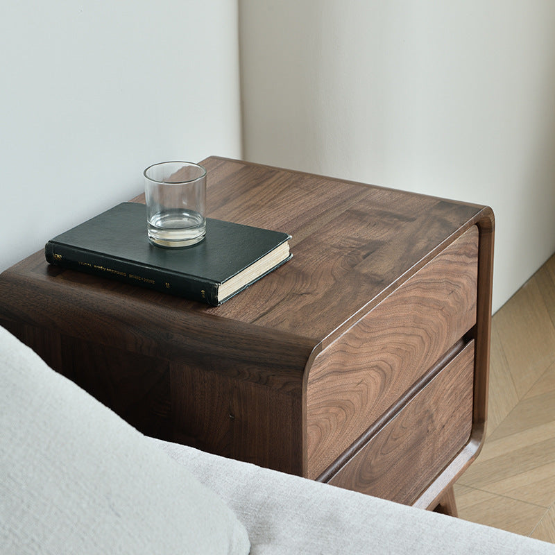 Modern Minimalist Black Walnut Rounded Square Nightstand With 2 Drawers For Bedroom