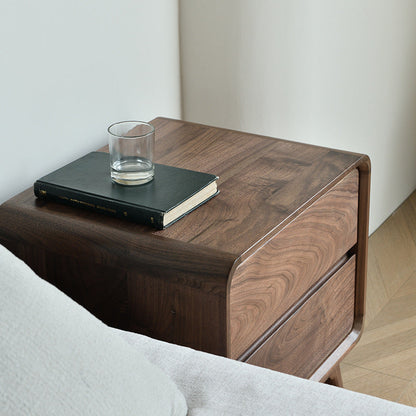 Modern Minimalist Black Walnut Rounded Square Nightstand With 2 Drawers For Bedroom