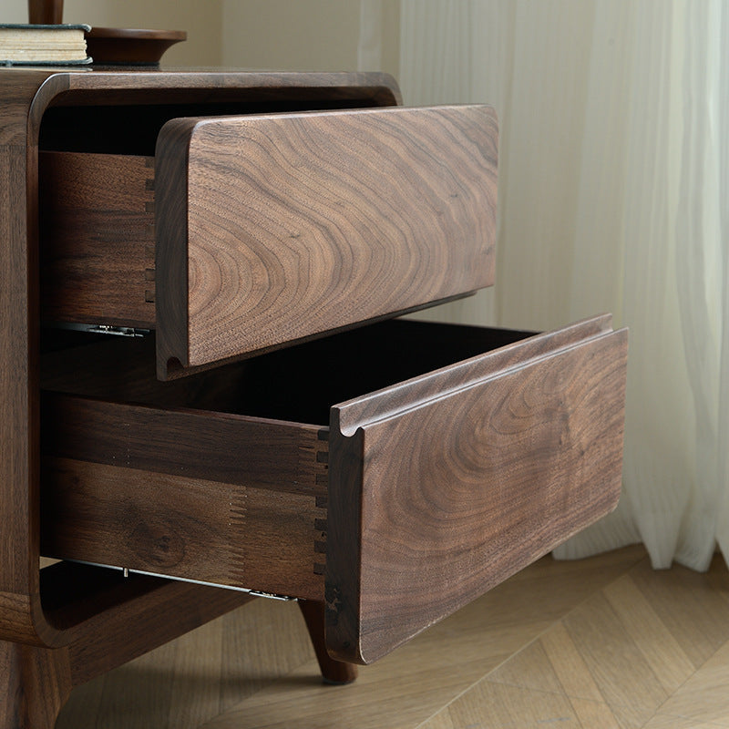 Modern Minimalist Black Walnut Rounded Square Nightstand With 2 Drawers For Bedroom