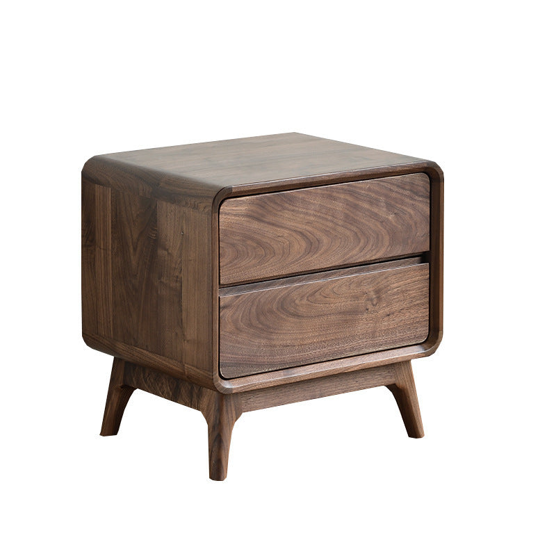 Modern Minimalist Black Walnut Rounded Square Nightstand With 2 Drawers For Bedroom