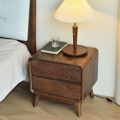 Modern Minimalist Black Walnut Rounded Square Nightstand With 2 Drawers For Bedroom