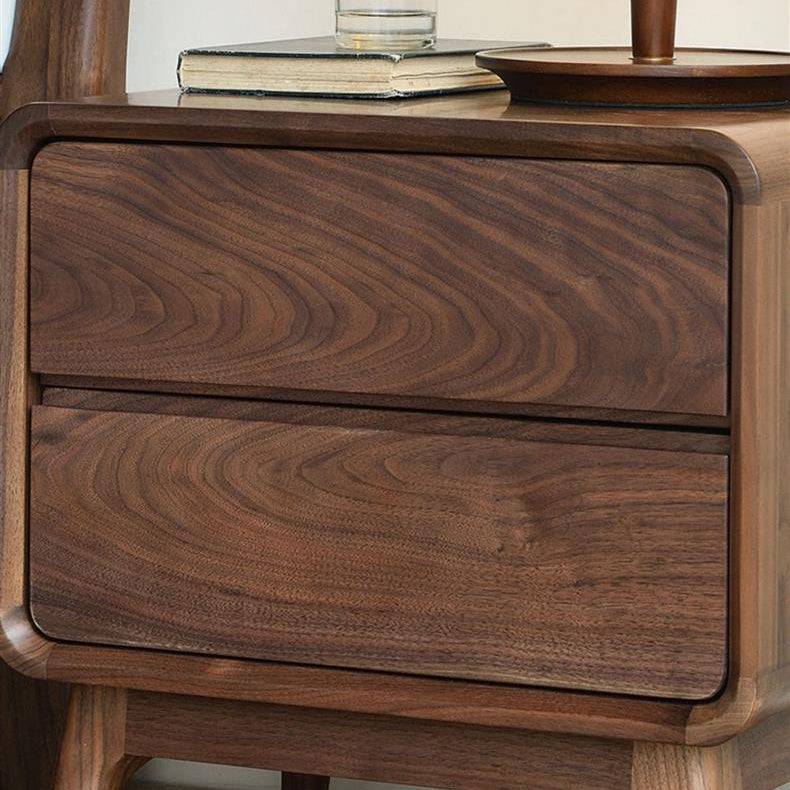 Modern Minimalist Black Walnut Rounded Square Nightstand With 2 Drawers For Bedroom