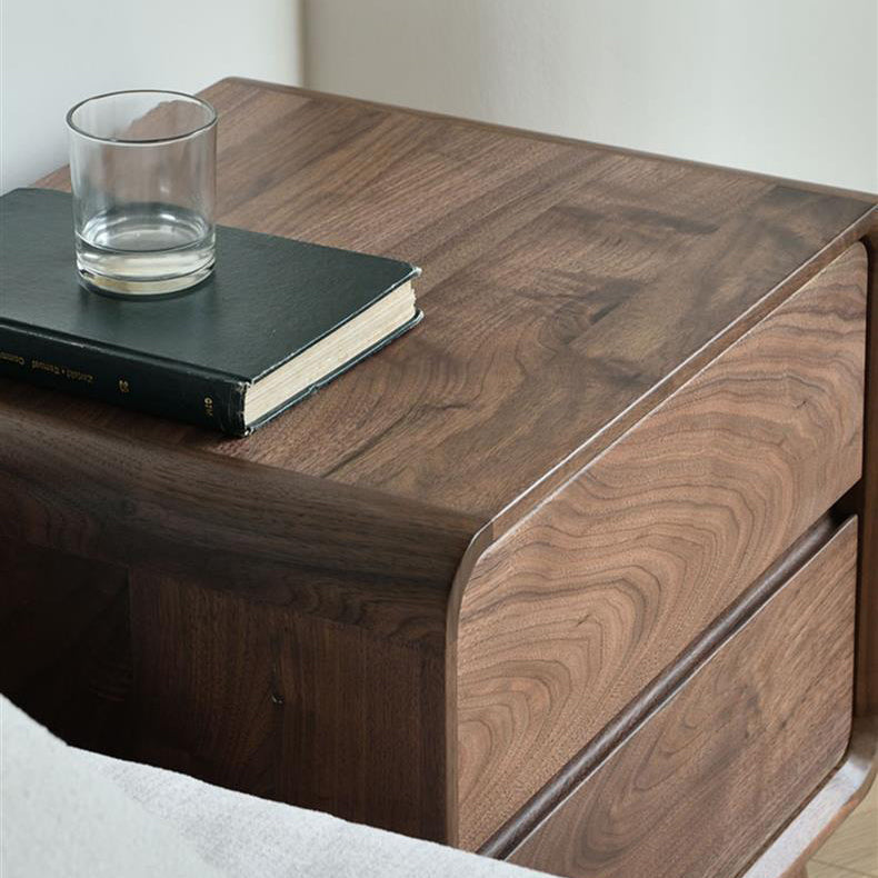 Modern Minimalist Black Walnut Rounded Square Nightstand With 2 Drawers For Bedroom
