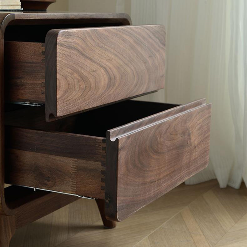 Modern Minimalist Black Walnut Rounded Square Nightstand With 2 Drawers For Bedroom