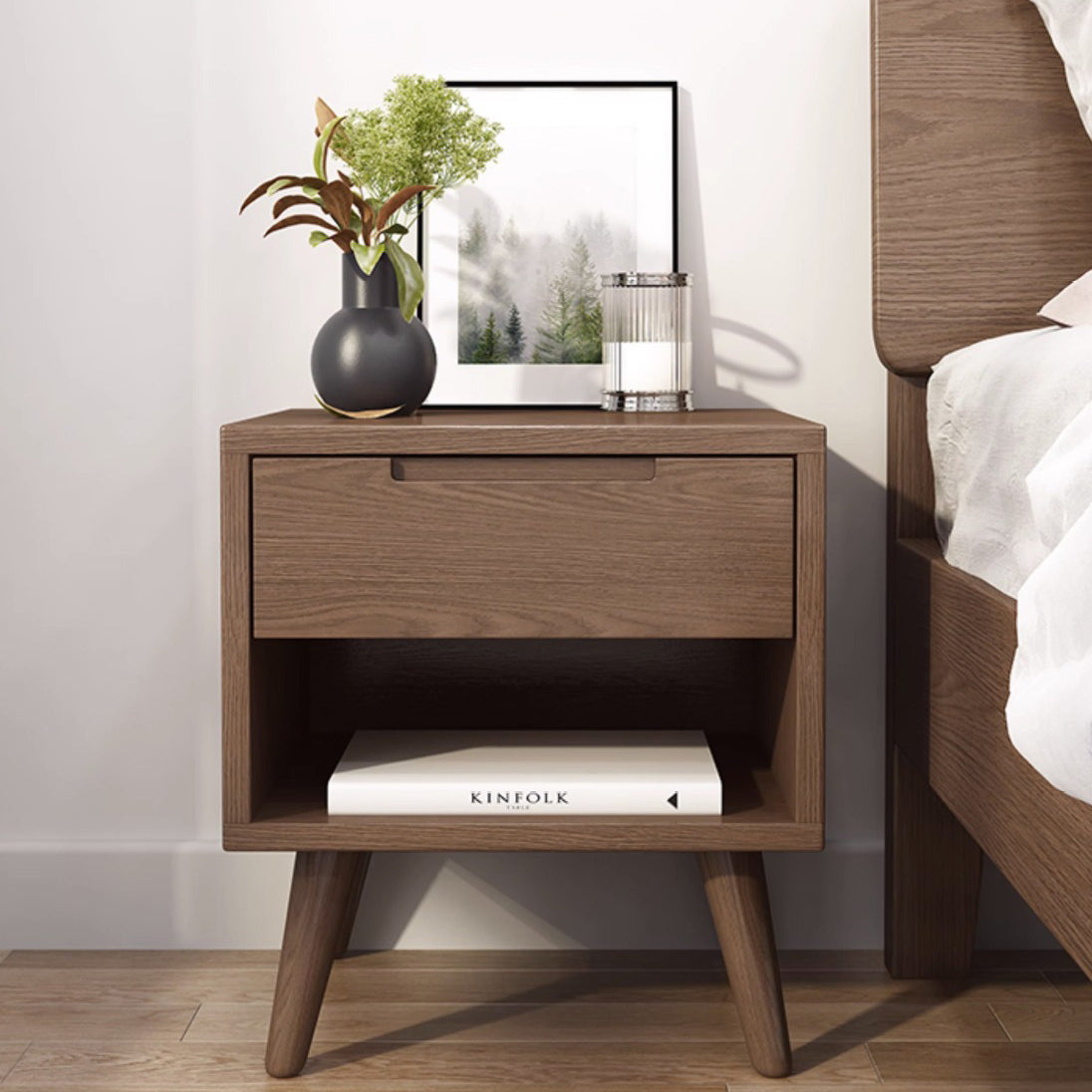 Modern Minimalist Rubberwood Rounded Square Nightstand With 1 Drawer For Bedroom Storage