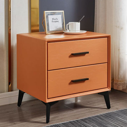 Modern Minimalist Medium-Density Fiberboard PU Leather Metal Square Nightstand With 2 Drawers For Bedroom